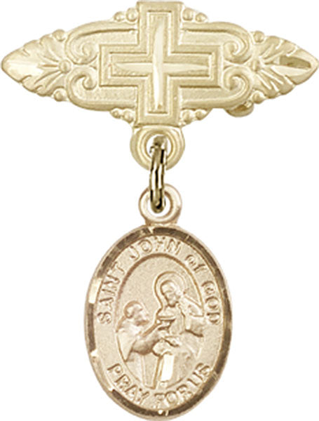 14kt Gold Baby Badge with St. John of God Charm and Badge Pin with Cross