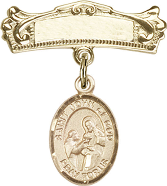 14kt Gold Baby Badge with St. John of God Charm and Arched Polished Badge Pin