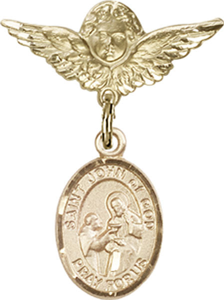14kt Gold Baby Badge with St. John of God Charm and Angel w/Wings Badge Pin