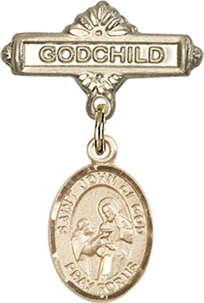 14kt Gold Baby Badge with St. John of God Charm and Godchild Badge Pin