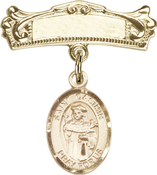 14kt Gold Filled Baby Badge with St. Casimir of Poland Charm and Arched Polished Badge Pin