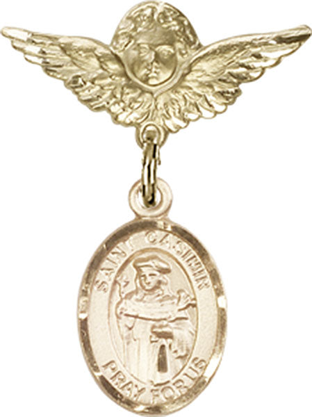 14kt Gold Filled Baby Badge with St. Casimir of Poland Charm and Angel w/Wings Badge Pin