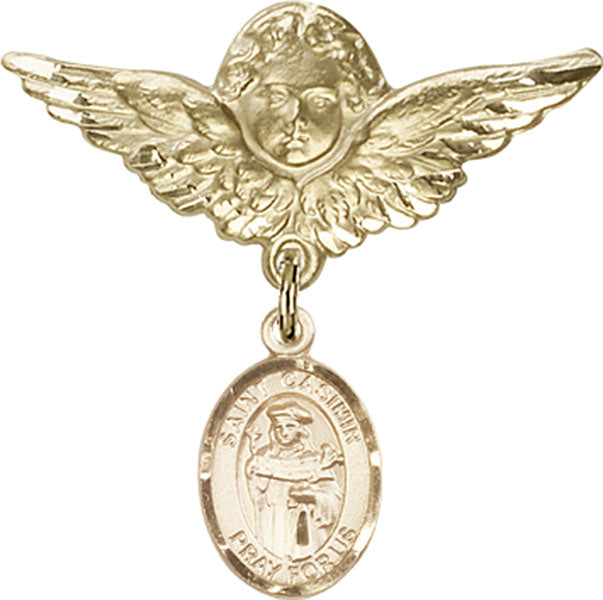 14kt Gold Baby Badge with St. Casimir of Poland Charm and Angel w/Wings Badge Pin