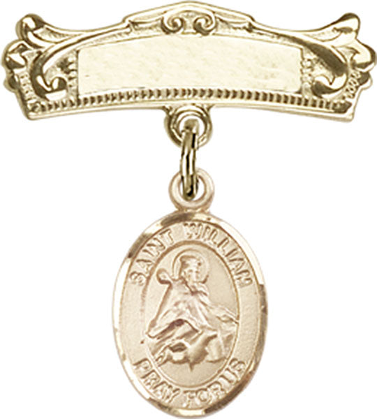 14kt Gold Filled Baby Badge with St. William of Rochester Charm and Arched Polished Badge Pin