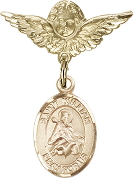 14kt Gold Filled Baby Badge with St. William of Rochester Charm and Angel w/Wings Badge Pin