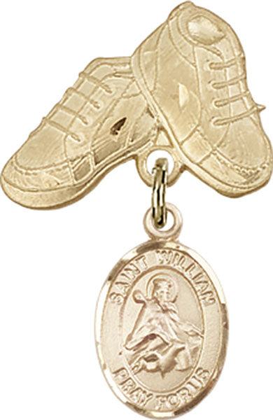 14kt Gold Filled Baby Badge with St. William of Rochester Charm and Baby Boots Pin