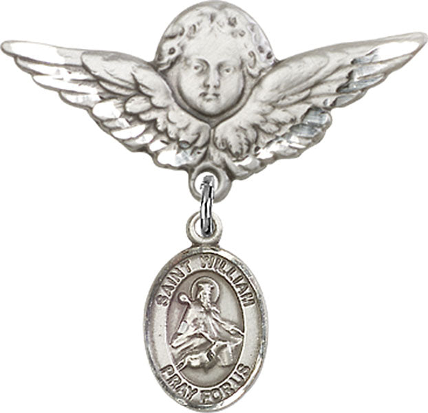 Sterling Silver Baby Badge with St. William of Rochester Charm and Angel w/Wings Badge Pin