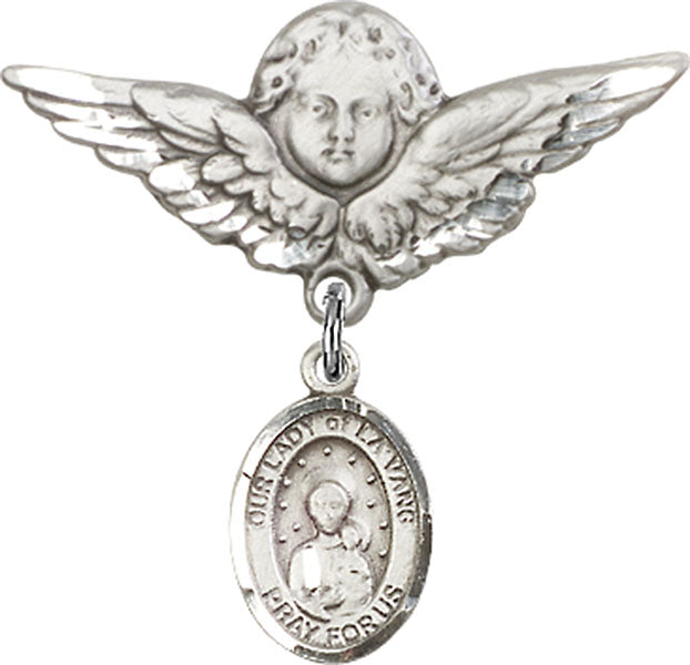 Sterling Silver Baby Badge with O/L of la Vang Charm and Angel w/Wings Badge Pin