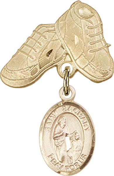 14kt Gold Filled Baby Badge with St. Zachary Charm and Baby Boots Pin