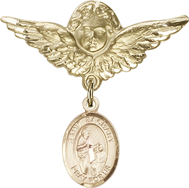 14kt Gold Baby Badge with St. Zachary Charm and Angel w/Wings Badge Pin