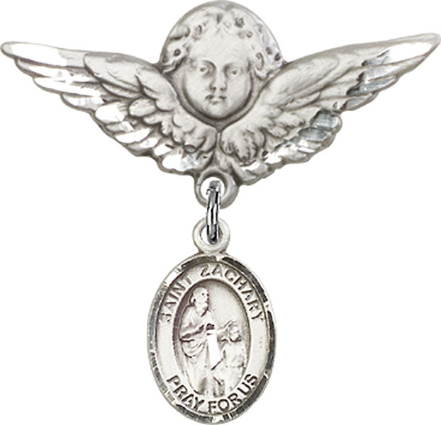 Sterling Silver Baby Badge with St. Zachary Charm and Angel w/Wings Badge Pin
