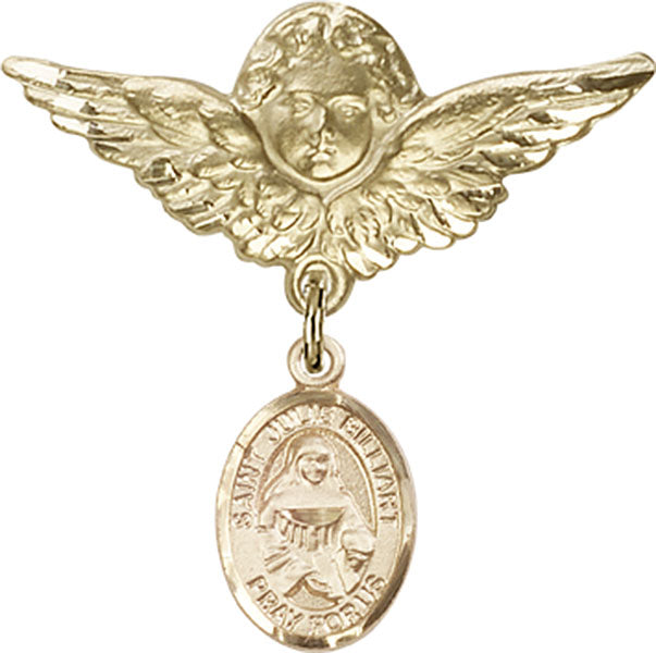 14kt Gold Filled Baby Badge with St. Julie Billiart Charm and Angel w/Wings Badge Pin