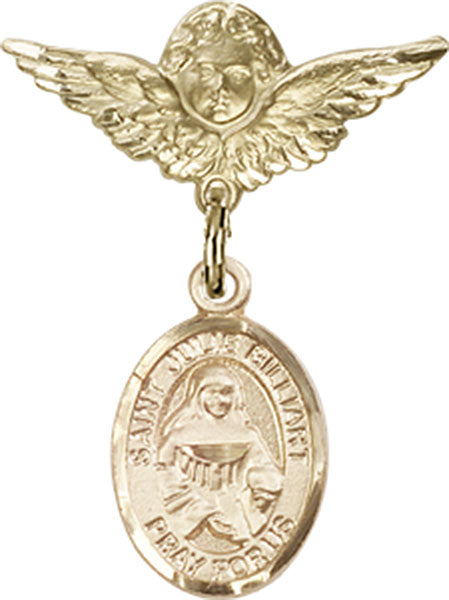 14kt Gold Baby Badge with St. Julie Billiart Charm and Angel w/Wings Badge Pin