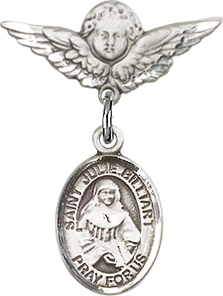 Sterling Silver Baby Badge with St. Julie Billiart Charm and Angel w/Wings Badge Pin