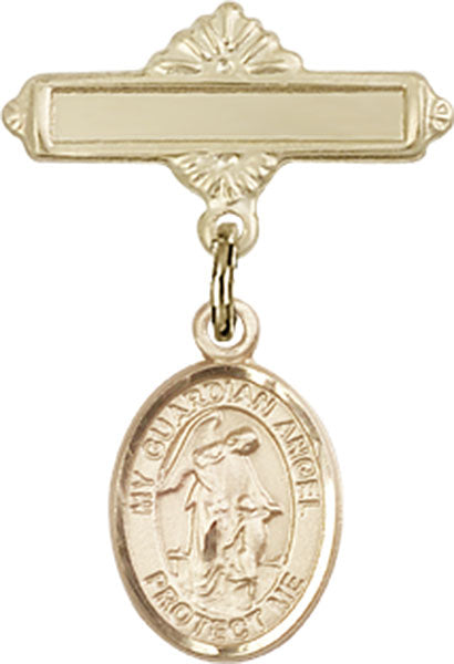 14kt Gold Baby Badge with Guardian Angel Charm and Polished Badge Pin