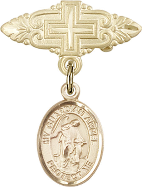 14kt Gold Baby Badge with Guardian Angel Charm and Badge Pin with Cross