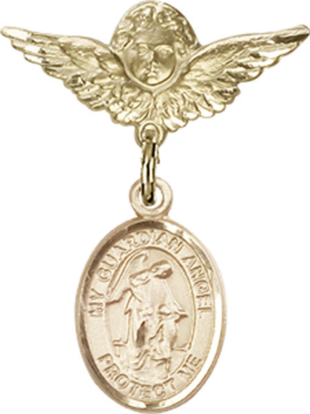 14kt Gold Baby Badge with Guardian Angel Charm and Angel w/Wings Badge Pin