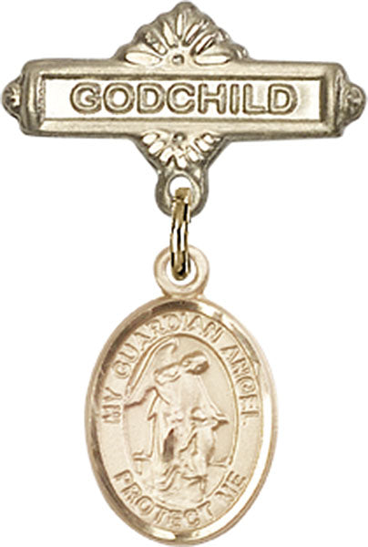 14kt Gold Baby Badge with Guardian Angel Charm and Godchild Badge Pin