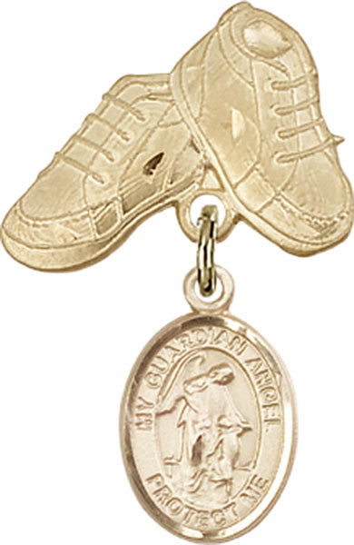 14kt Gold Baby Badge with Guardian Angel Charm and Baby Boots Pin