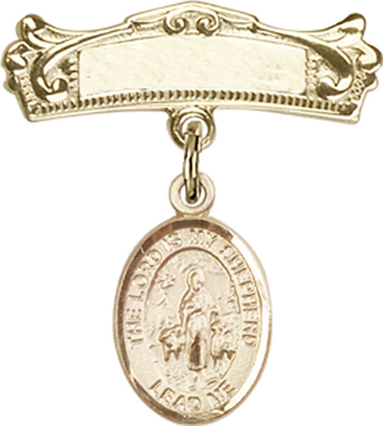 14kt Gold Filled Baby Badge with Lord Is My Shepherd Charm and Arched Polished Badge Pin