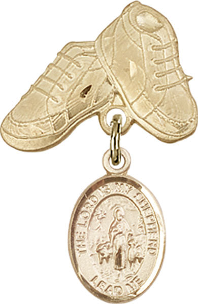 14kt Gold Filled Baby Badge with Lord Is My Shepherd Charm and Baby Boots Pin