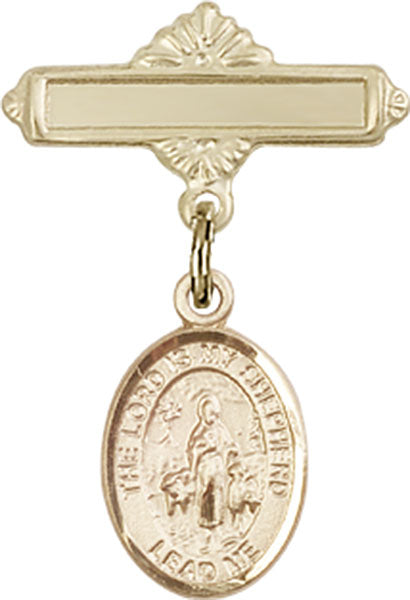 14kt Gold Baby Badge with Lord Is My Shepherd Charm and Polished Badge Pin