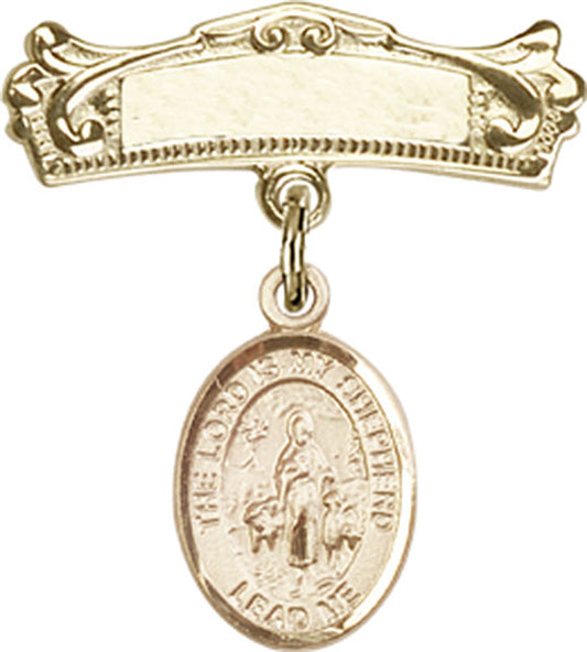 14kt Gold Baby Badge with Lord Is My Shepherd Charm and Arched Polished Badge Pin