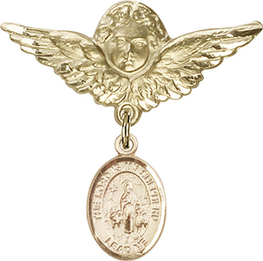 14kt Gold Baby Badge with Lord Is My Shepherd Charm and Angel w/Wings Badge Pin