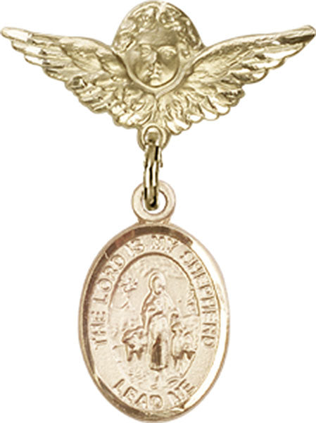 14kt Gold Baby Badge with Lord Is My Shepherd Charm and Angel w/Wings Badge Pin