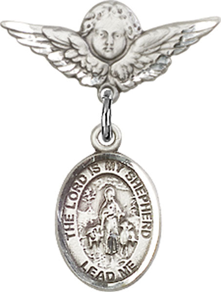 Sterling Silver Baby Badge with Lord Is My Shepherd Charm and Angel w/Wings Badge Pin