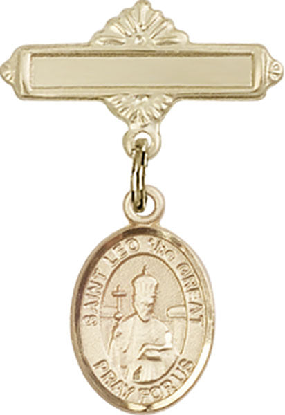 14kt Gold Filled Baby Badge with St. Leo the Great Charm and Polished Badge Pin