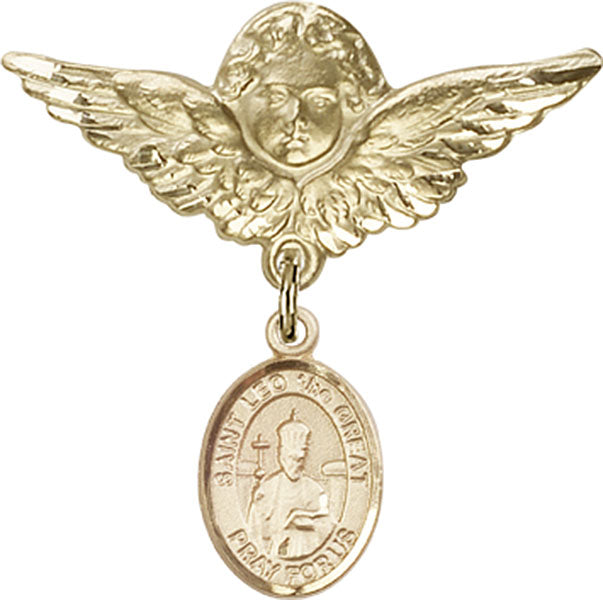 14kt Gold Filled Baby Badge with St. Leo the Great Charm and Angel w/Wings Badge Pin