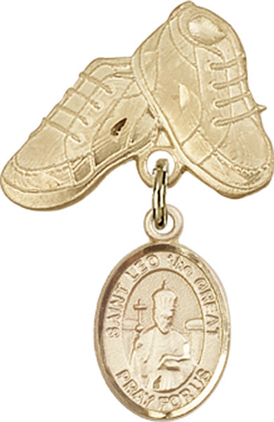 14kt Gold Filled Baby Badge with St. Leo the Great Charm and Baby Boots Pin