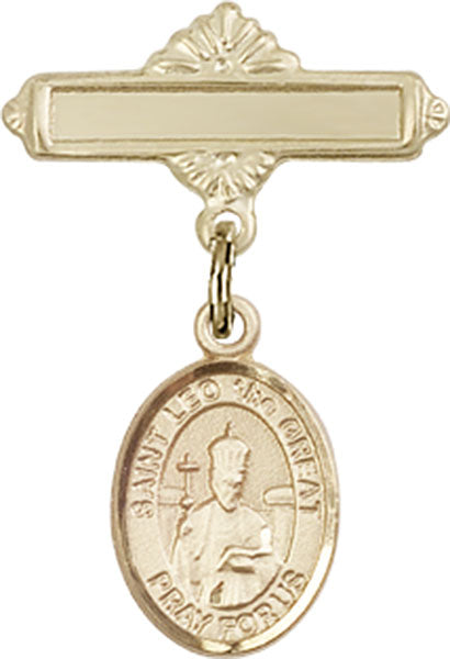 14kt Gold Baby Badge with St. Leo the Great Charm and Polished Badge Pin