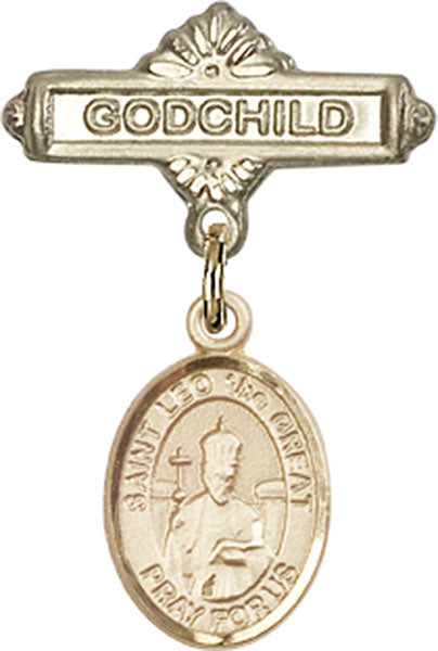 14kt Gold Baby Badge with St. Leo the Great Charm and Godchild Badge Pin