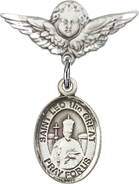 Sterling Silver Baby Badge with St. Leo the Great Charm and Angel w/Wings Badge Pin