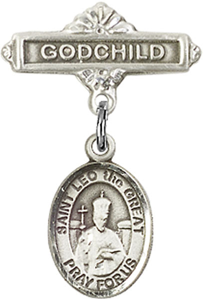 Sterling Silver Baby Badge with St. Leo the Great Charm and Godchild Badge Pin