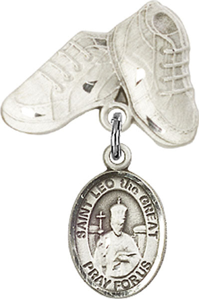 Sterling Silver Baby Badge with St. Leo the Great Charm and Baby Boots Pin