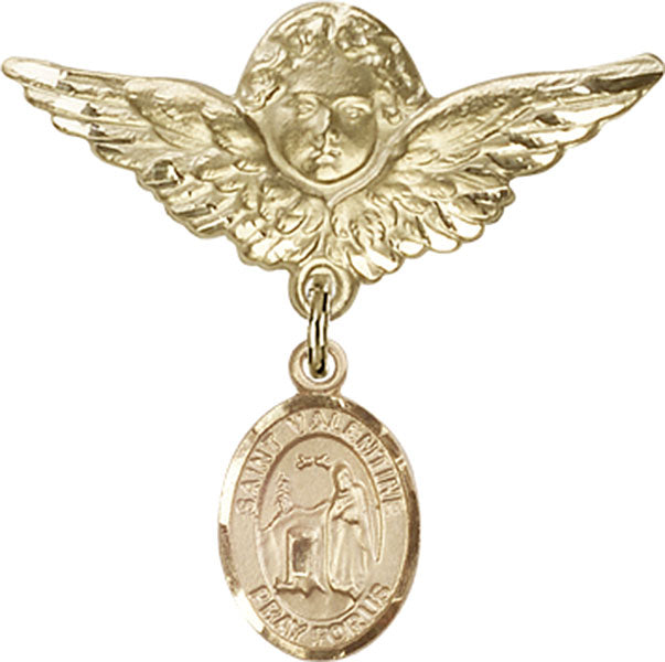 14kt Gold Filled Baby Badge with St. Valentine of Rome Charm and Angel w/Wings Badge Pin