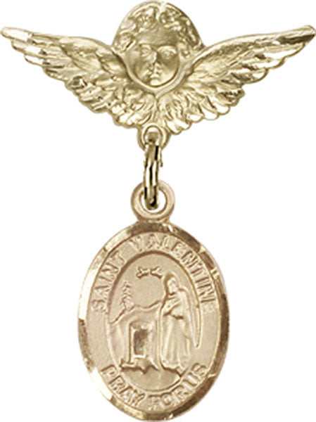 14kt Gold Filled Baby Badge with St. Valentine of Rome Charm and Angel w/Wings Badge Pin