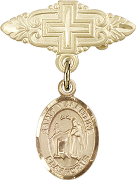 14kt Gold Baby Badge with St. Valentine of Rome Charm and Badge Pin with Cross