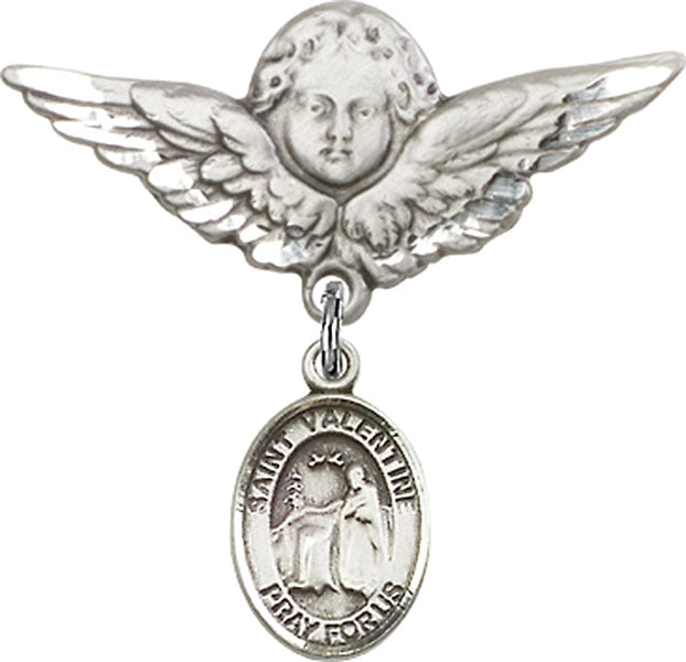 Sterling Silver Baby Badge with St. Valentine of Rome Charm and Angel w/Wings Badge Pin