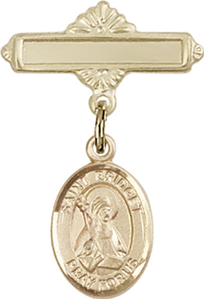 14kt Gold Baby Badge with St. Bridget of Sweden Charm and Polished Badge Pin