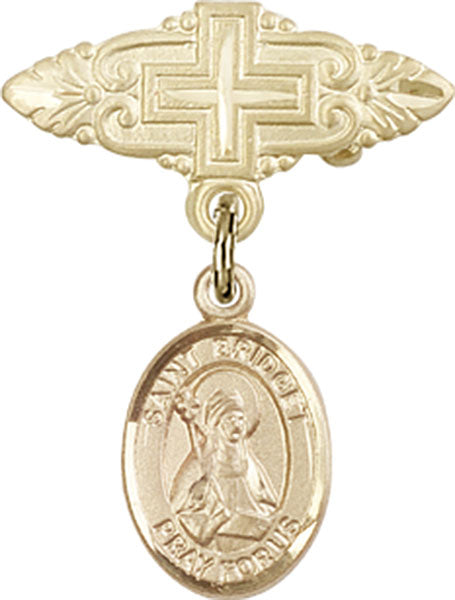 14kt Gold Baby Badge with St. Bridget of Sweden Charm and Badge Pin with Cross