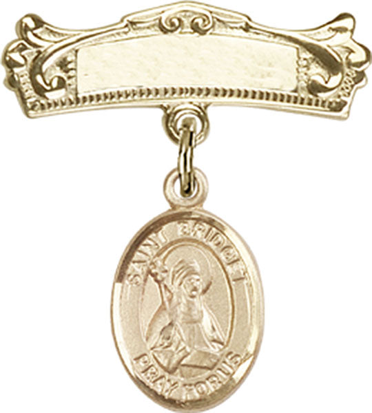 14kt Gold Baby Badge with St. Bridget of Sweden Charm and Arched Polished Badge Pin
