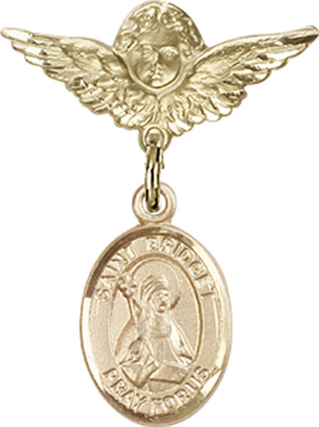 14kt Gold Baby Badge with St. Bridget of Sweden Charm and Angel w/Wings Badge Pin
