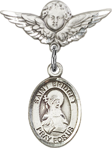 Sterling Silver Baby Badge with St. Bridget of Sweden Charm and Angel w/Wings Badge Pin