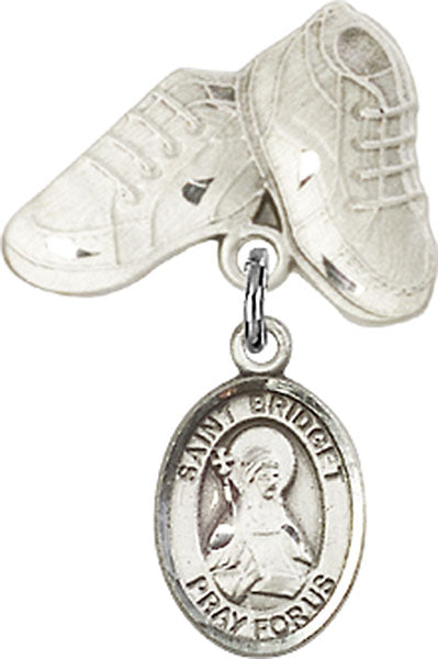Sterling Silver Baby Badge with St. Bridget of Sweden Charm and Baby Boots Pin