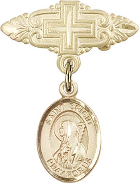 14kt Gold Filled Baby Badge with St. Brigid of Ireland Charm and Badge Pin with Cross