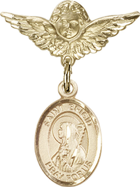 14kt Gold Filled Baby Badge with St. Brigid of Ireland Charm and Angel w/Wings Badge Pin